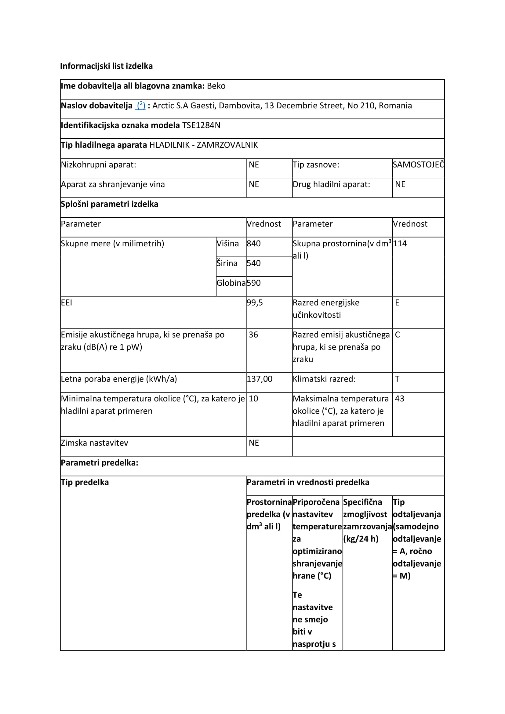 BEKO TSE1284N hladilnik