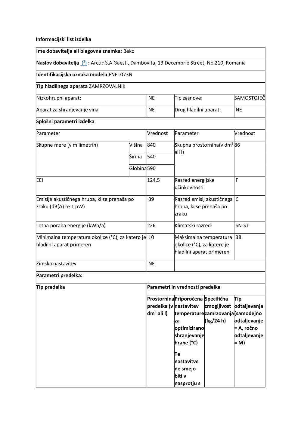 BEKO FNE1073N zamrzovalna omara