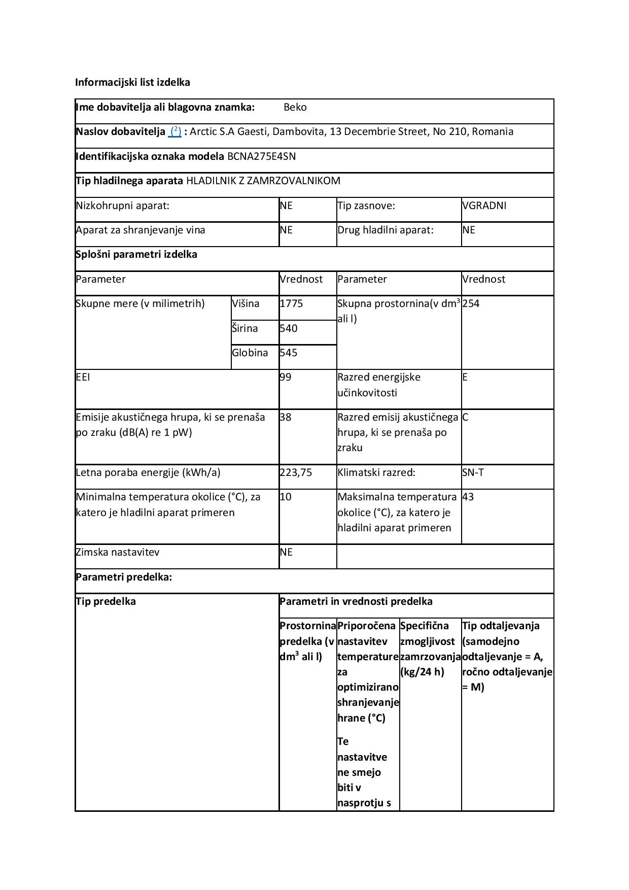 BEKO BCNA275E4SN Vgradni hladilnik