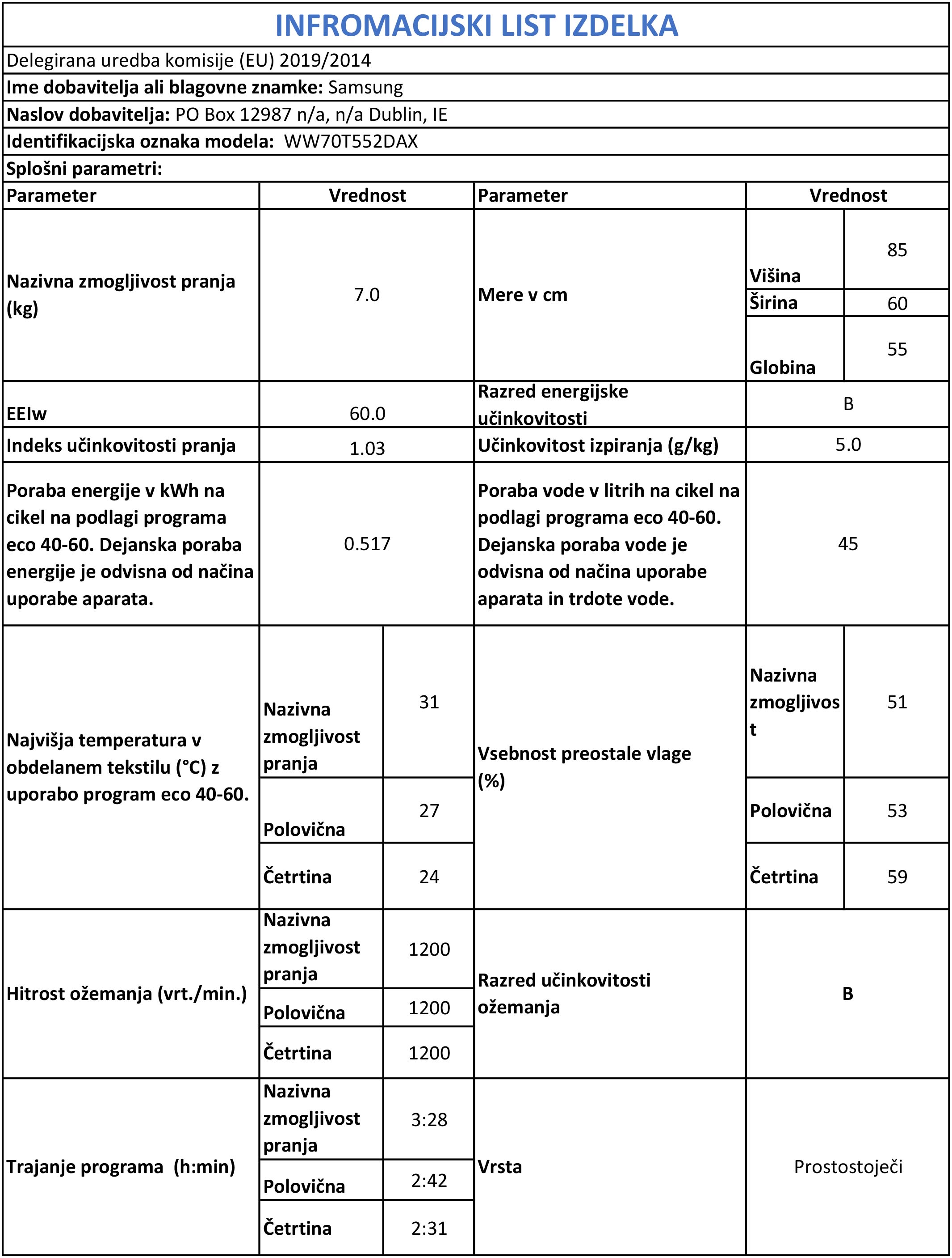 SAMSUNG WW70T552DAX/S7 pralni stroj