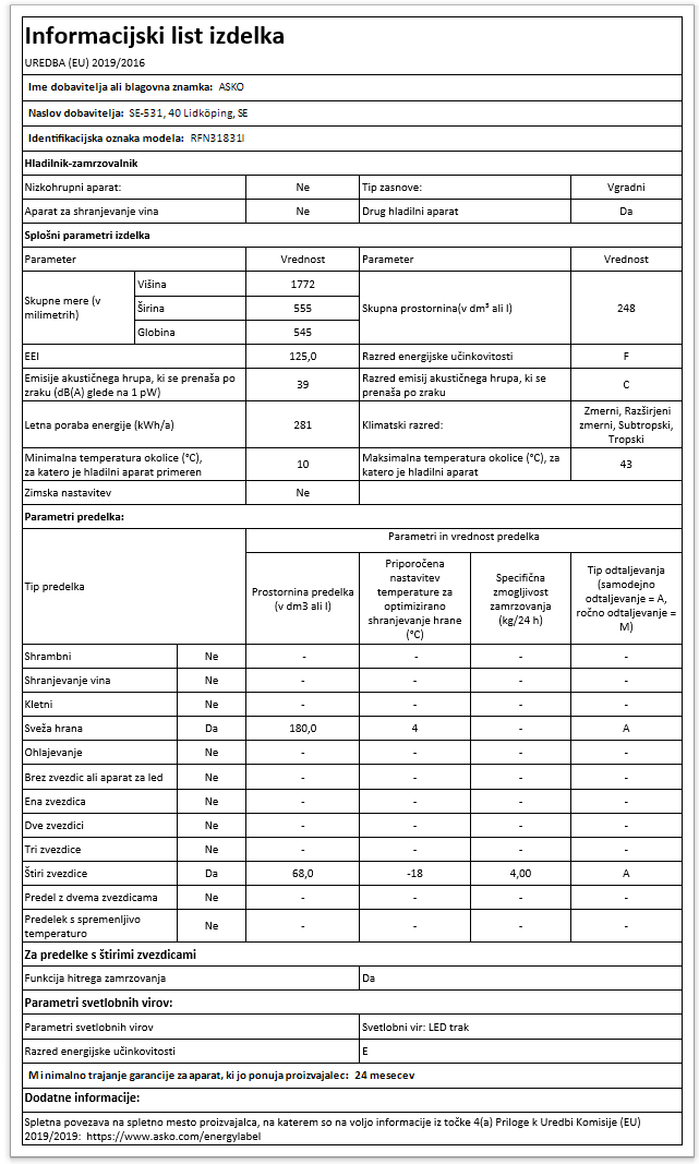 ASKO RFN31831I hladilnik z zamrzovalnikom