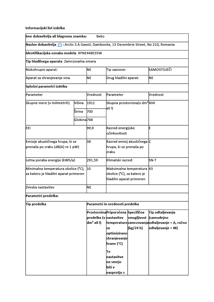 BEKO RFNE448E35W  zamrzovalna omara