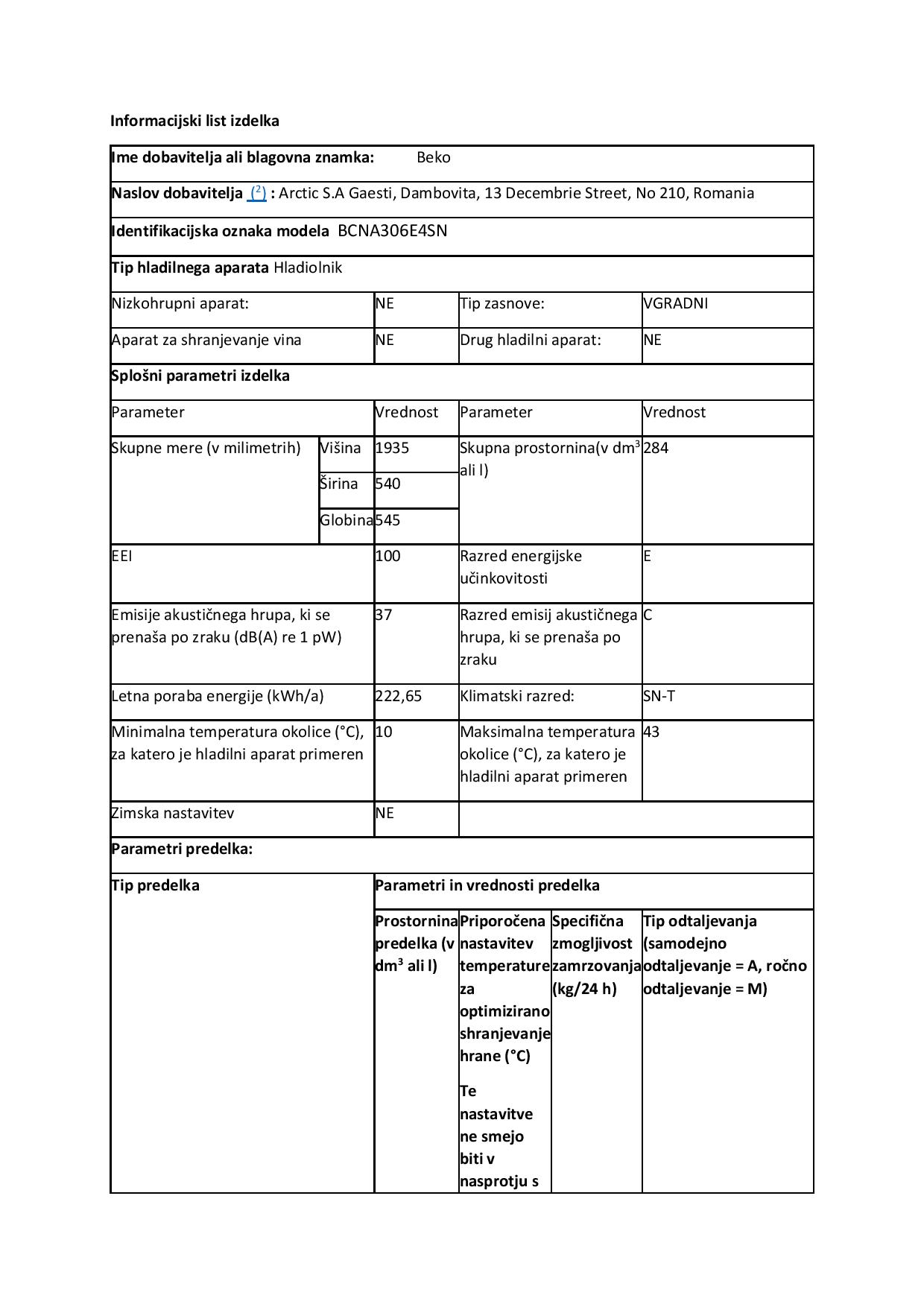 BEKO BCNA306E4SN vgradni hladilnik