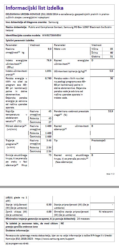 SAMSUNG WW91T304MBW/LE pralni stroj