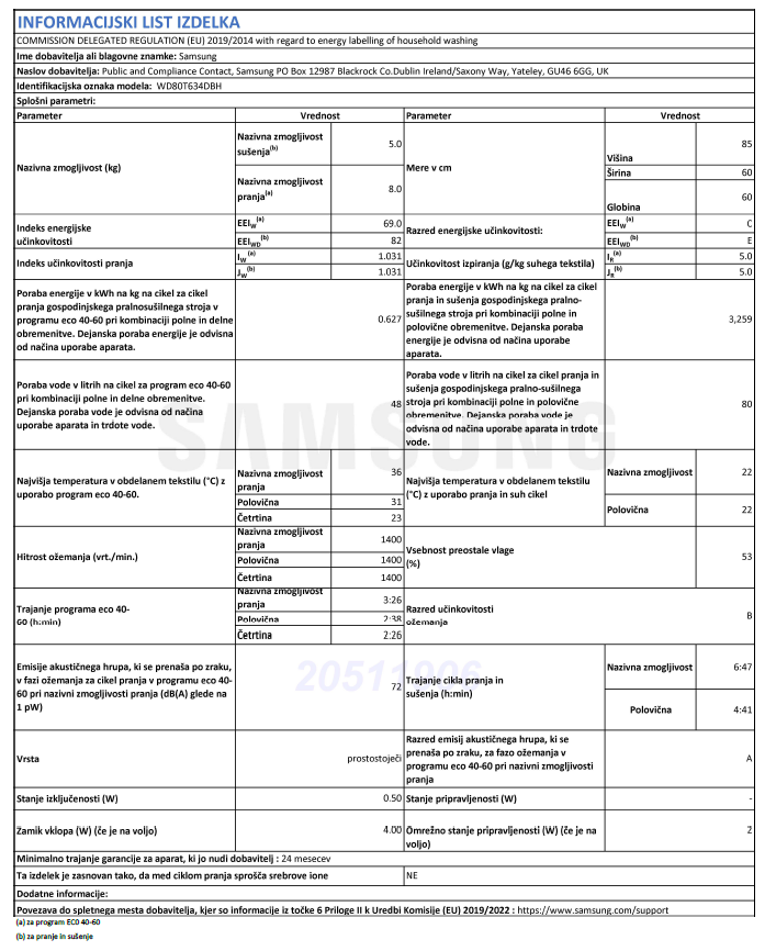 SAMSUNG WD80T634DBH/S pralno-sušilni stroj