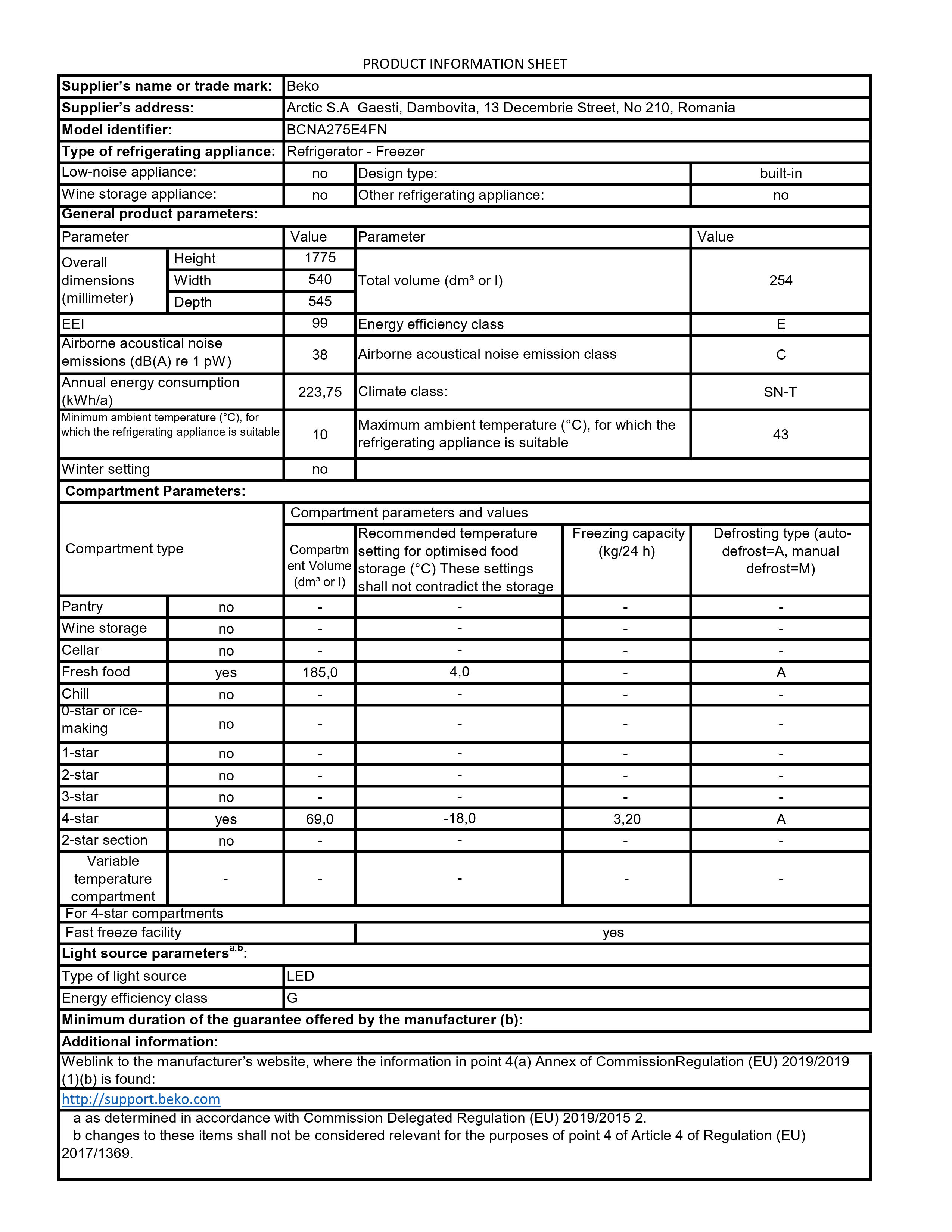 BEKO BCNA275E4FN Vgradni hladilnik