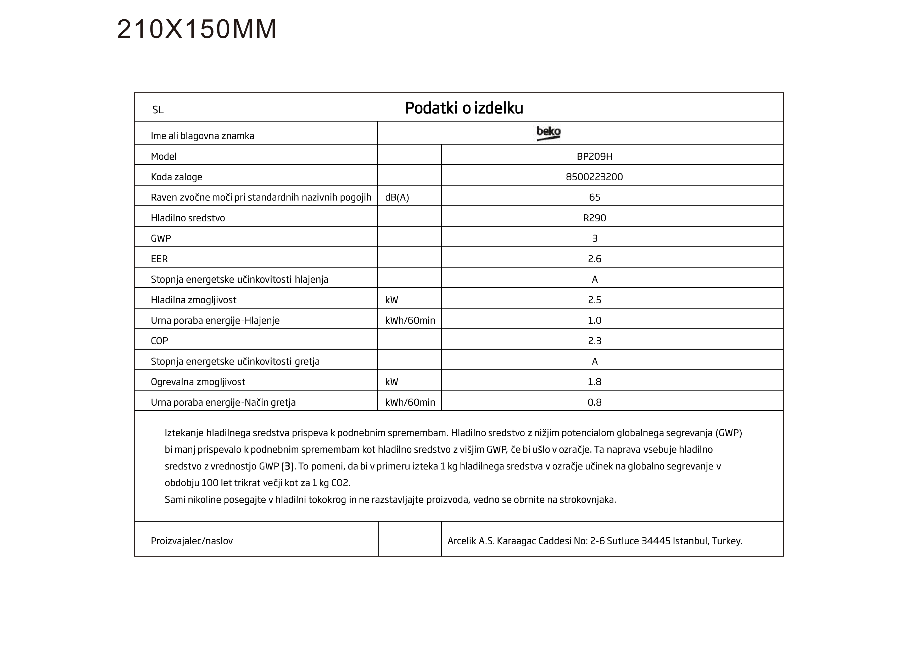 BEKO BP209H Prenosna klima